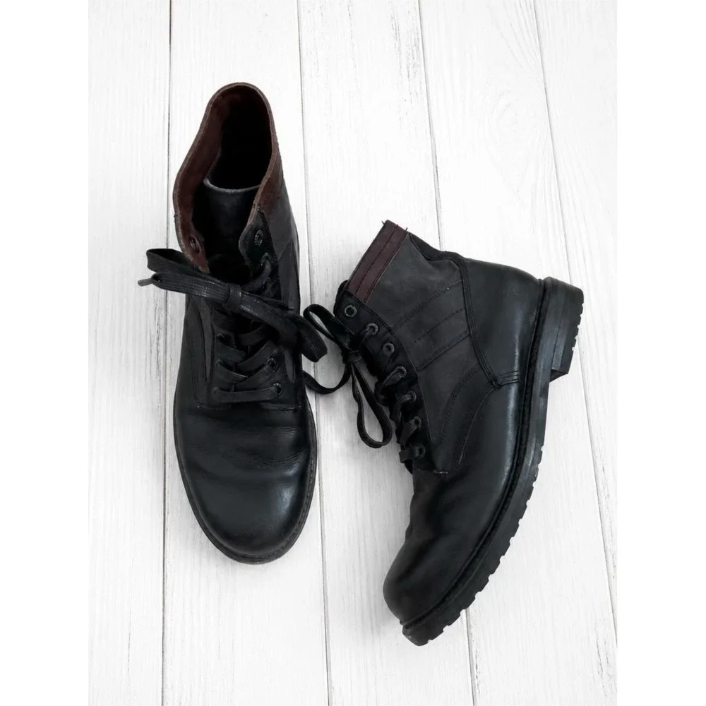 Frye Warren Combat Boots Mens 8.5 D Black Leather Canvas Mixed Media Lug Sole